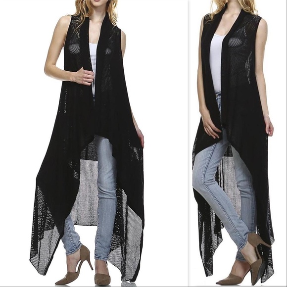 Tops - BLACK OPEN FRONT LONG VEST